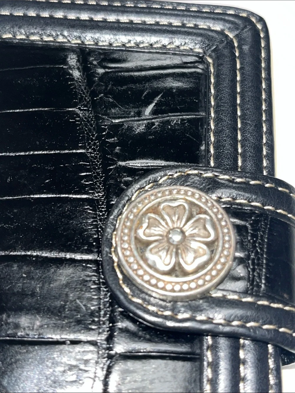 Brighton Black Leather Croc Stamped Print Wallet with Decorative Snap